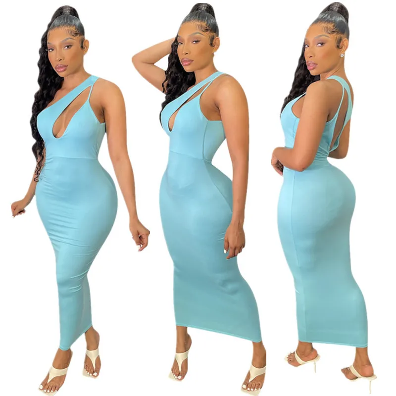 

2021 Designer New Solid Color Slanted Shoulder Halter Strap African Dress