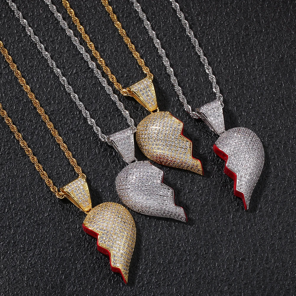 silver gold broken heart half heart luxury lover pendant iced