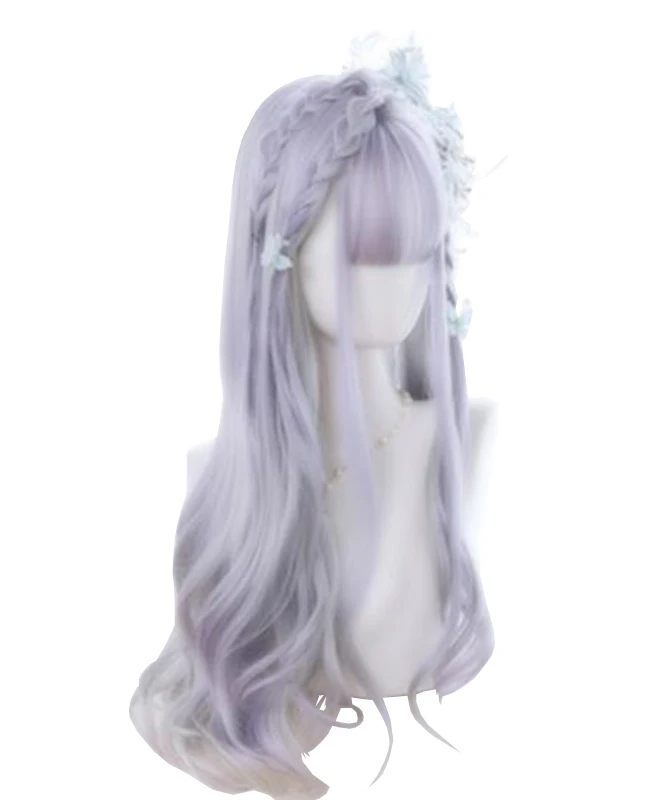 

Gray Purple Long Wavy Synthetic Hair Wigs with Bangs Rose Net 22 Inch Japanese Lolita Sweet Princess Cosplay Party Wigs, Pic showed
