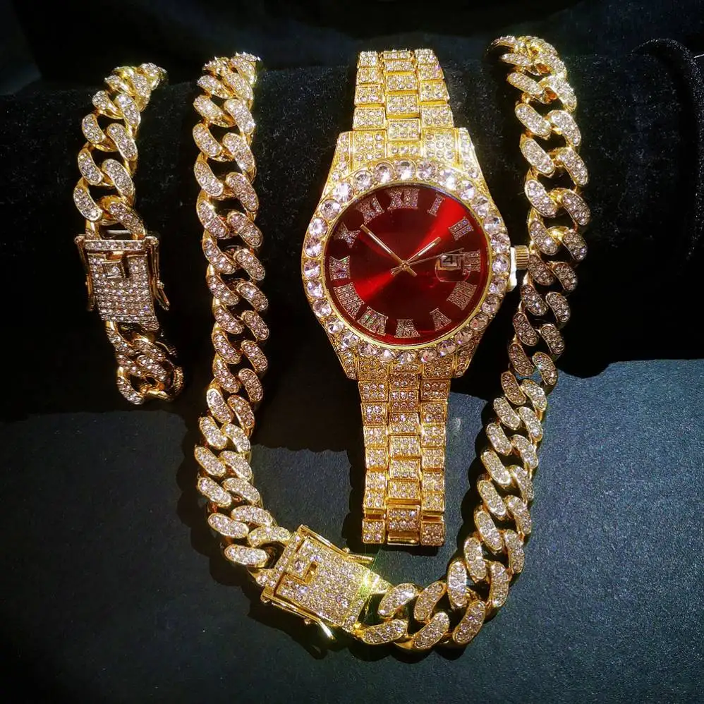 

3Pcs/Set Men's Hips Hops Gold Plated Zircon Diamond Watch Set Bling Bling Rhinestone Crystal Cuban Chain Necklace Bracelet Set