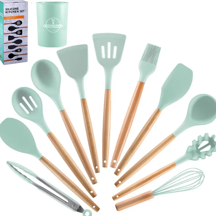 

Wooden Handle Silica Gel Kitchenware Set 11 Sets Of Non-Stick Pan Shovel Spoon Storage Bucket Cooking Kitchen Tools Available