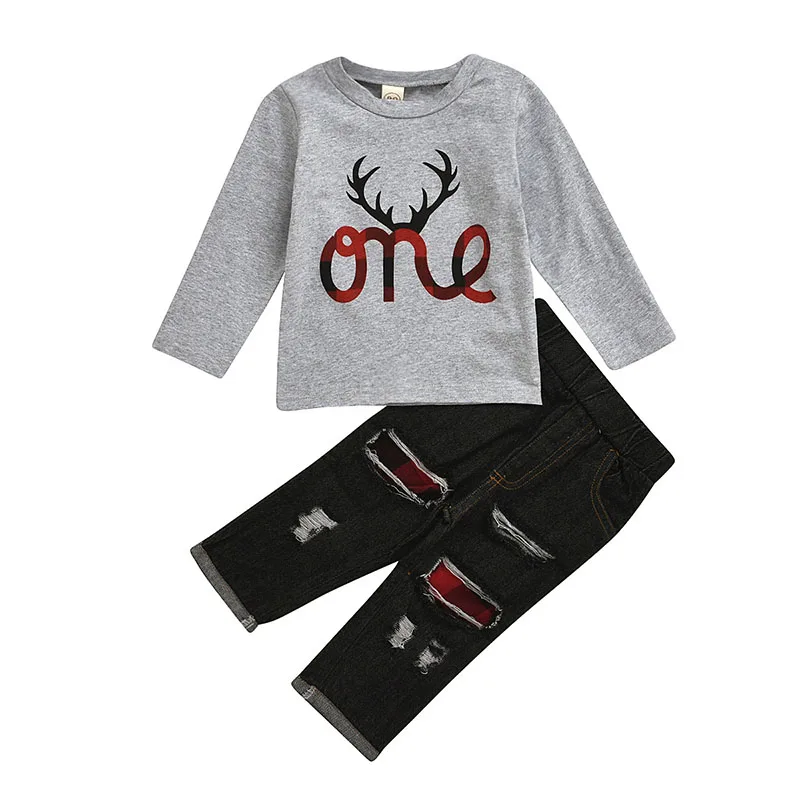 

In stock fashion graphic grey long sleeve t-shirt plaid hole jeans christmas unisex infant baby boutique clothing set, As picture show