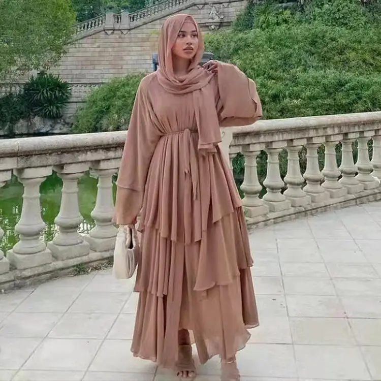 

Dubai Arab Oman Elegant Chiffon Kimono for Women Muslim Solid Color 3 Layers Open Muslim Dresses Dubai Abaya