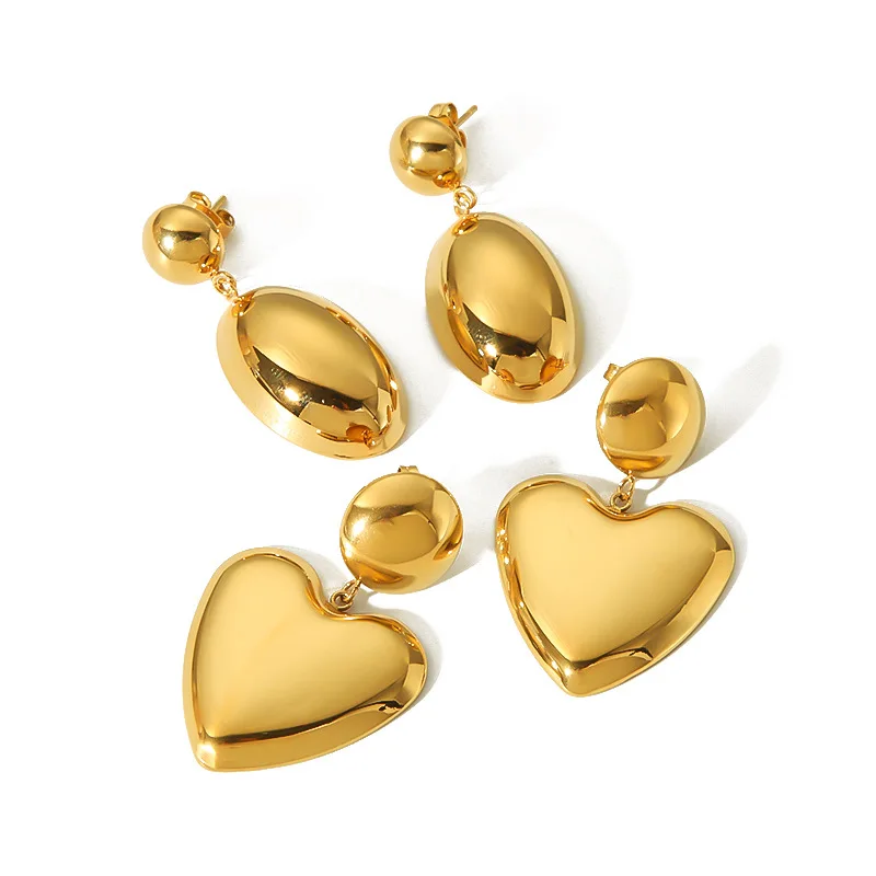 YF3806 Simplicity Waterproof Stainless Steel Jewelry 18k Gold Plated Hypoallergenicity Smooth Oval Heart Shaped Earrings