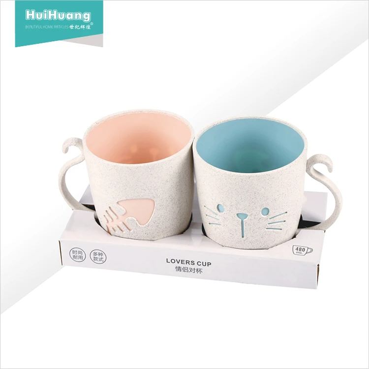 

Promotional cheap price 2 pcs cat fishbone pattern plastic water cup whrat straw coffee mugs for home, Blue&pink