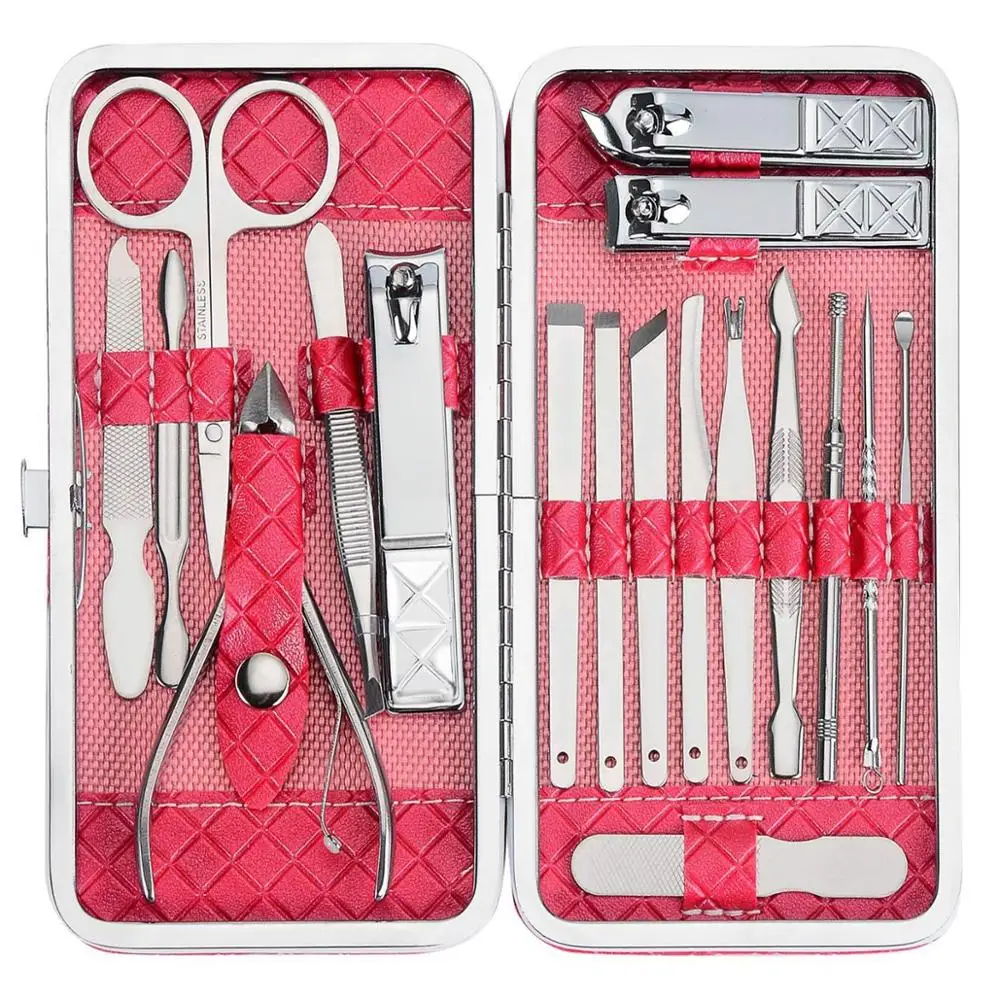 

18 piece stainless steel Nail Clippers Cutter Kit Nail Care manicure set Pink, Black.pink