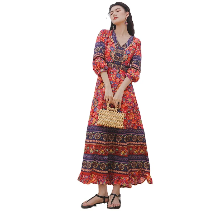

2021 ready stock puff sleeve ethnic style bohemian dress A line V neck big swing, Picture color