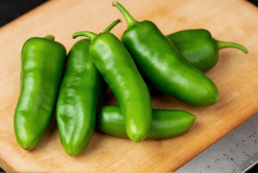 Close-up view of fresh green poblano peppers on a wooden cutting board with measuring scale showing Scoville units