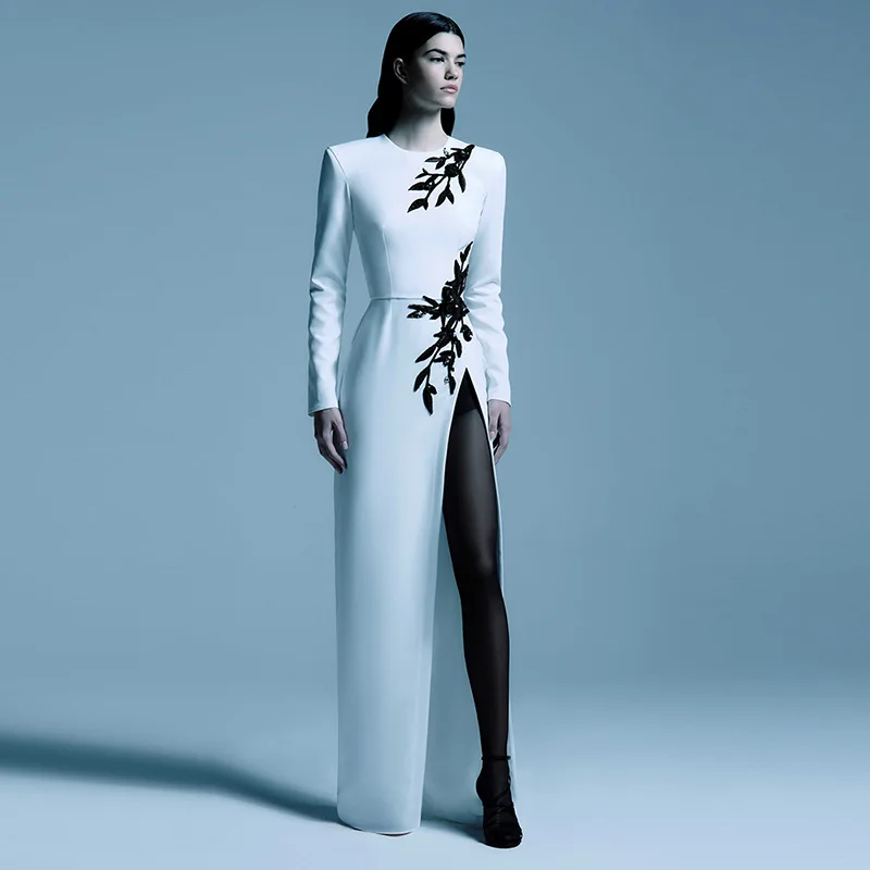 White Long Sleeve Maxi Dress Beaded Floral Embroidery