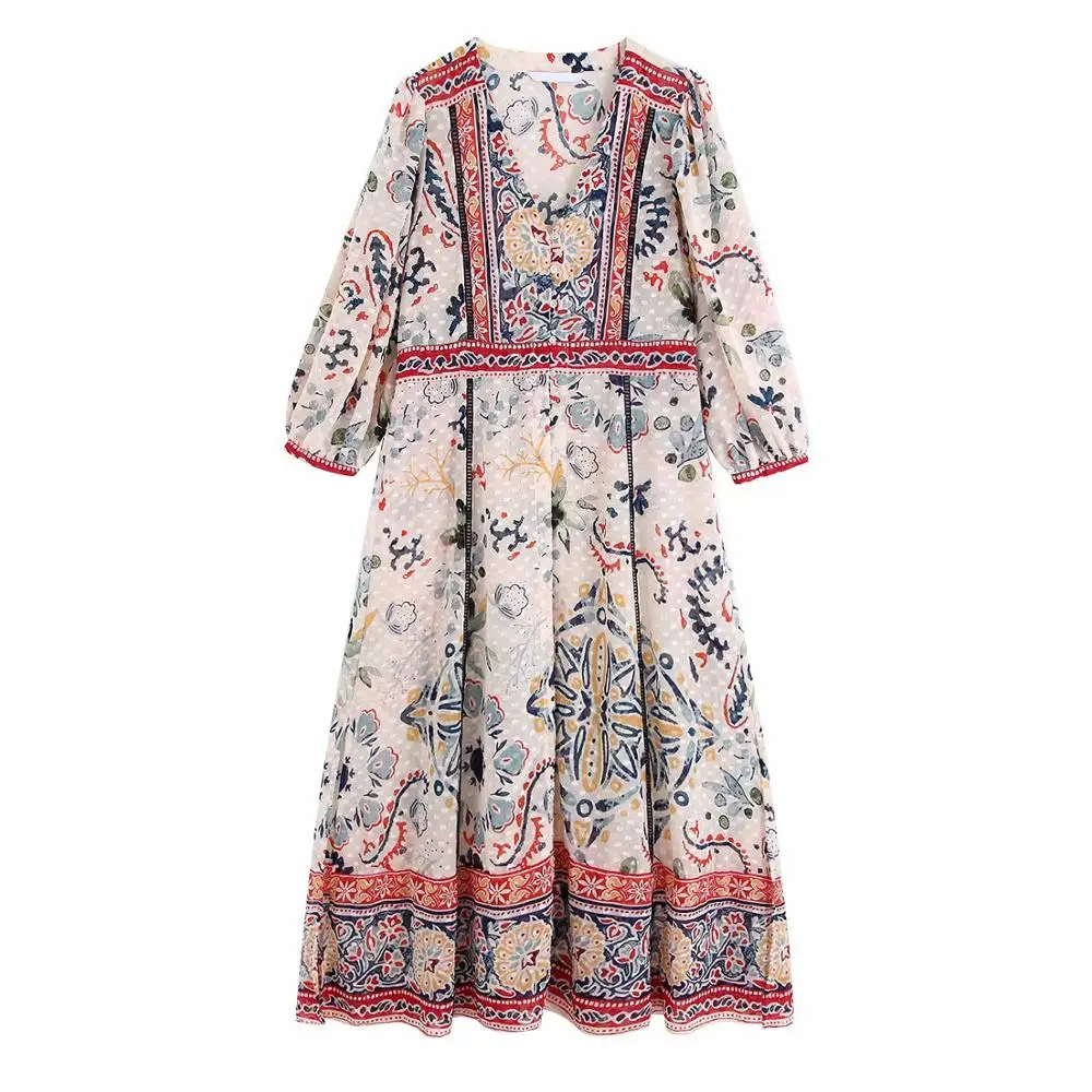 Summer new geometric print single-breasted front slit ladies bohemian chiffon long dress