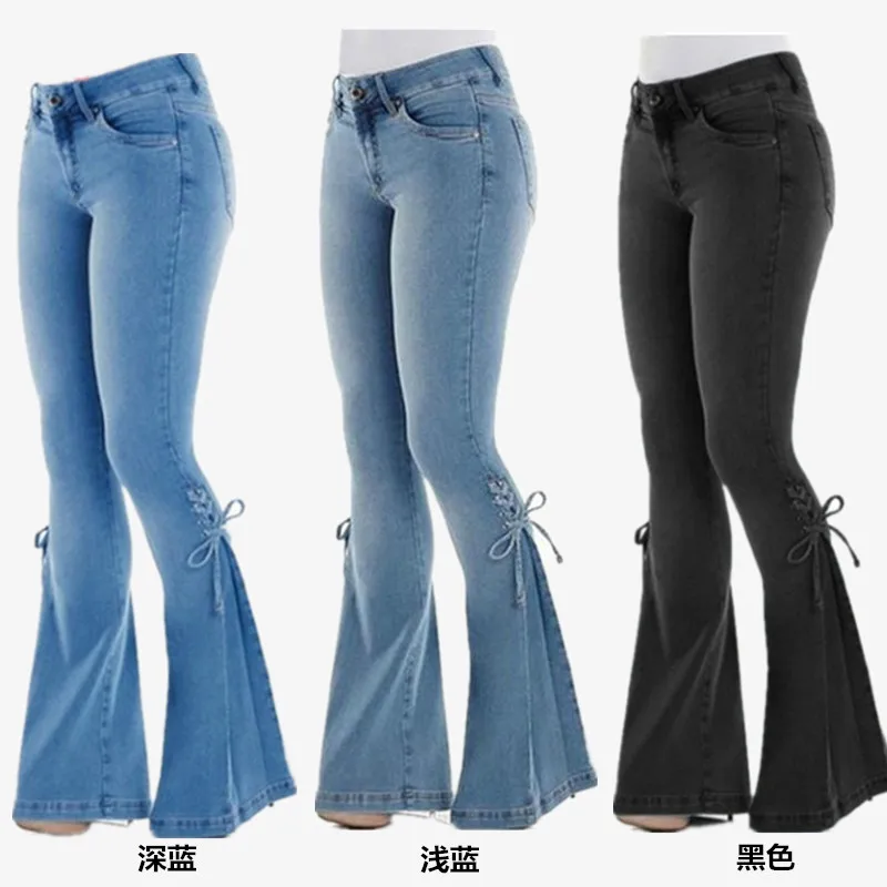 

2020 Bow Tie Decorated Jeans Lacing Flared Bottoms Plus Size, Blue