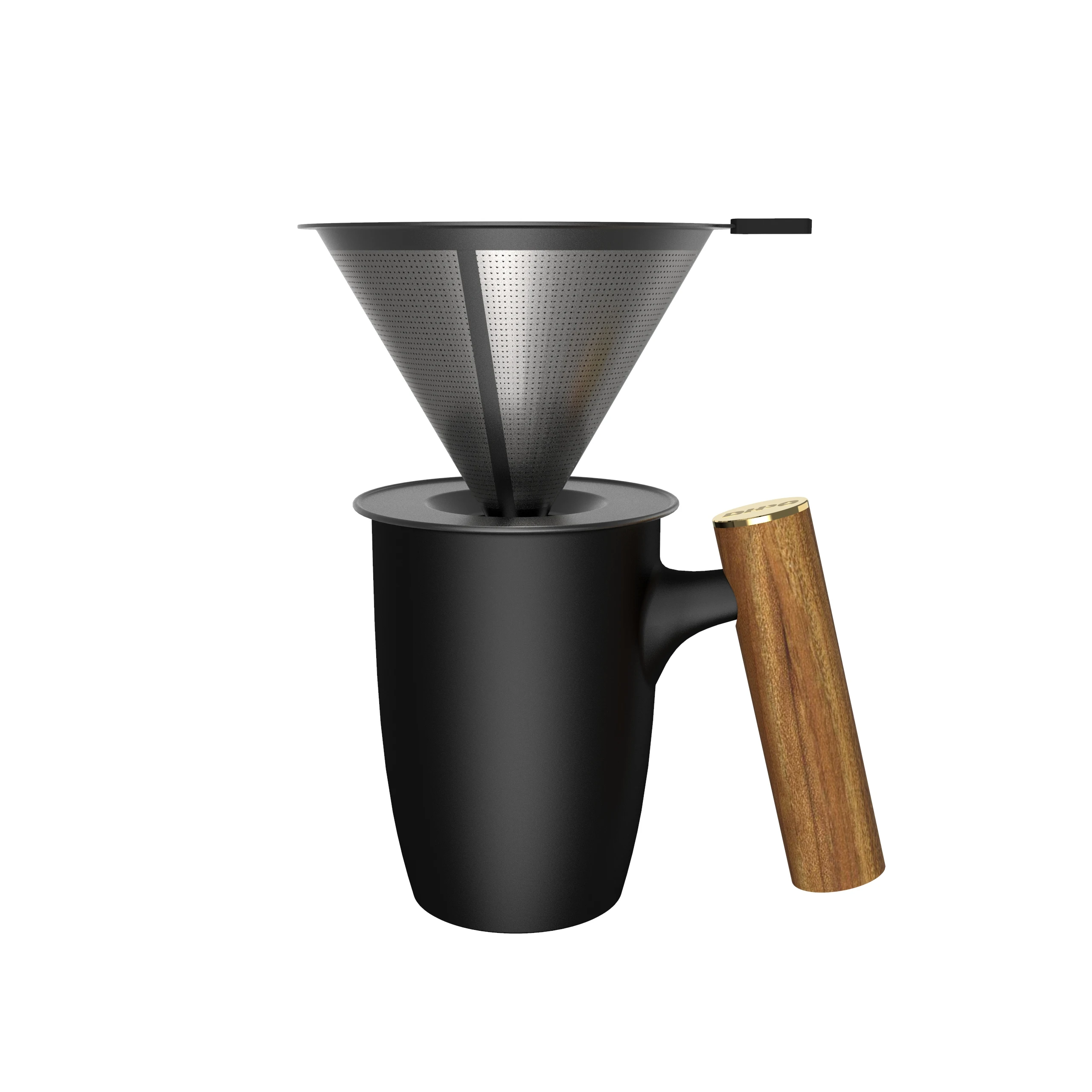 

New Black Matte Ceramic Cups Coffee Tea Mugs V60 Ceramic Procelain Coffee Stainless Steel Filter Cup With Wooden Handle, Black color matte coffee cup porcelain