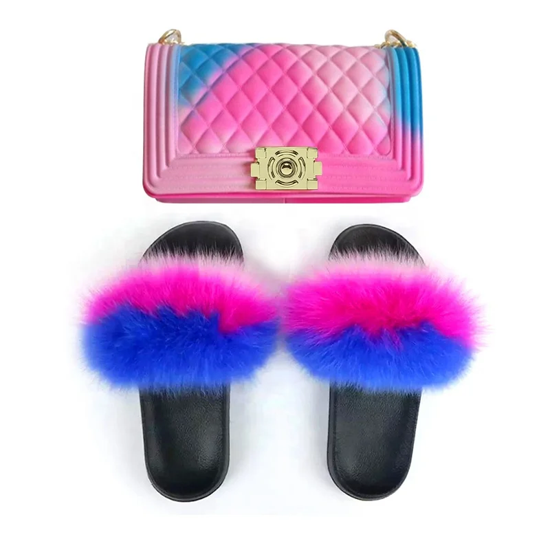 

fashion purses 2020 New Fashion Ladies Slippers Bag Set Matte Rainbow Jelly purse handbags fur slides, Picture
