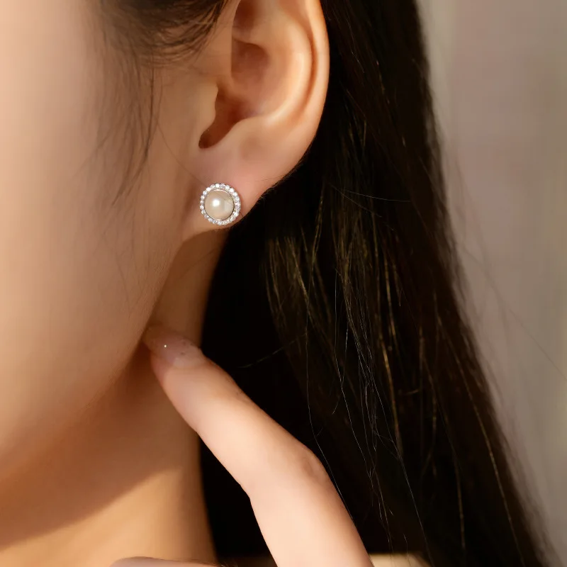 

French Style Vintage Circle Round Pearl Stud Earrings Elegant Retro Freshwater Pearl 925 Sterling Silver Earrings Jewelry, Silver gold