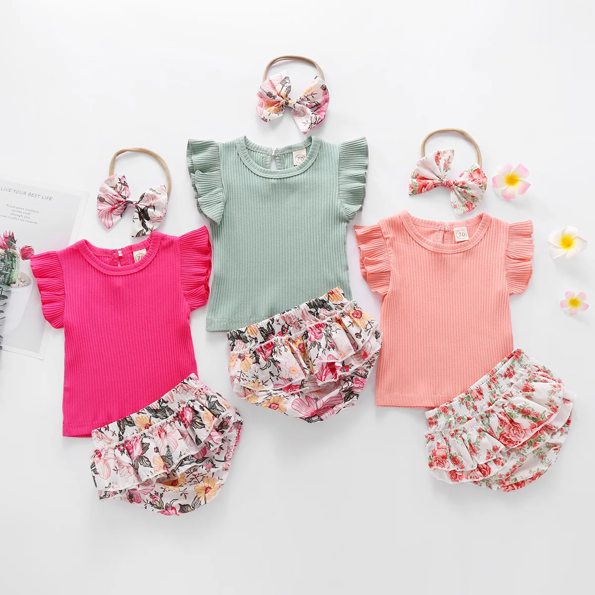 

summer leisure baby and toddler girls suit short sleeve floral lace three-piece children clothing sets, Pink red/green/pink
