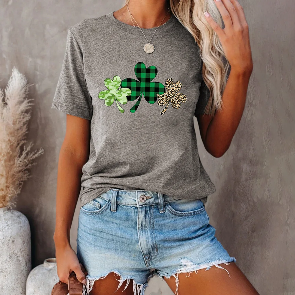 

European And American Women's Tops Explosion Style Clover Leopard Print Round Neck Short Sleeve T-shirt, Picture color