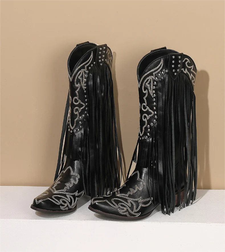 

BUSY GIRL XY4852 Black Knee High Boots For Women Embroidery Tassels Rivet High Quality Size 43 Western Cowboy Boots