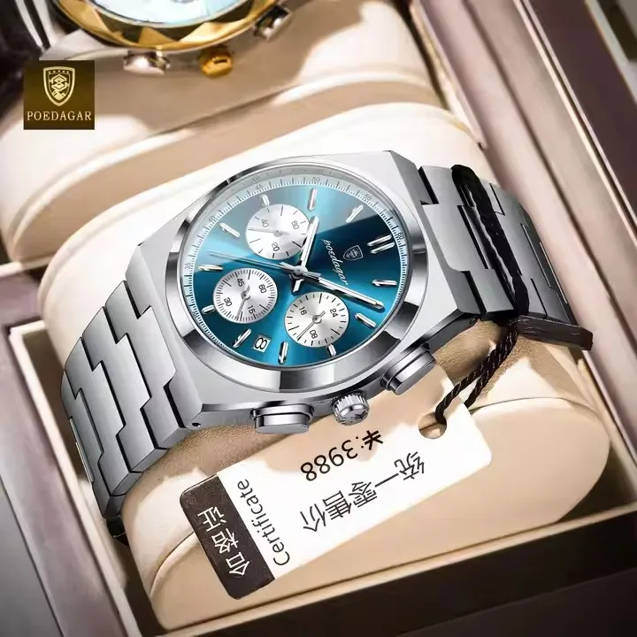 2024 New POEDAGAR 970 Luxury Men Quartz Watch Waterproof Luminous 's Date Chronograph Stainless Steel Watch for Men