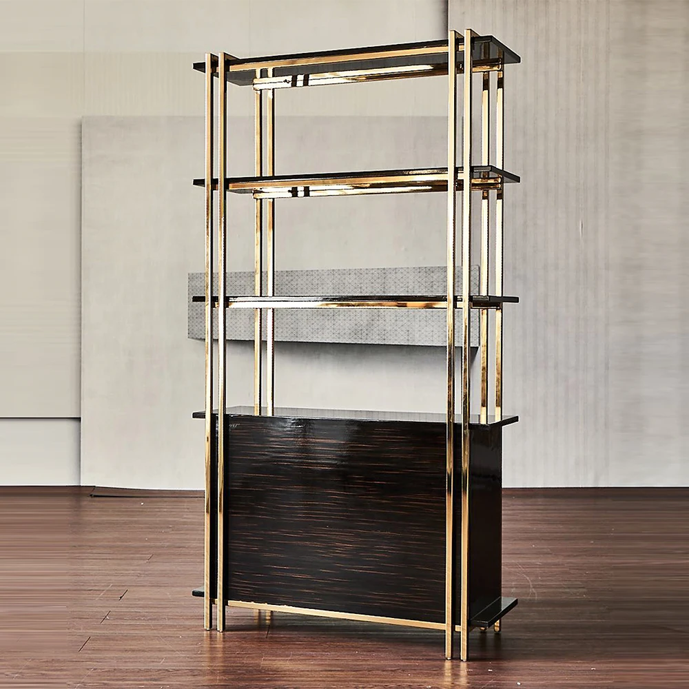 
Modern office decoration stainless steel frame black gold metal bookcase  (1600143756392)