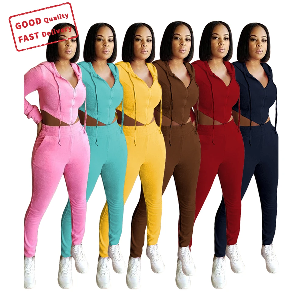 

spring 2021 crop top two piece set for women comfortable hoodies soft 2 piece pants set ladies sweat suits, Picture