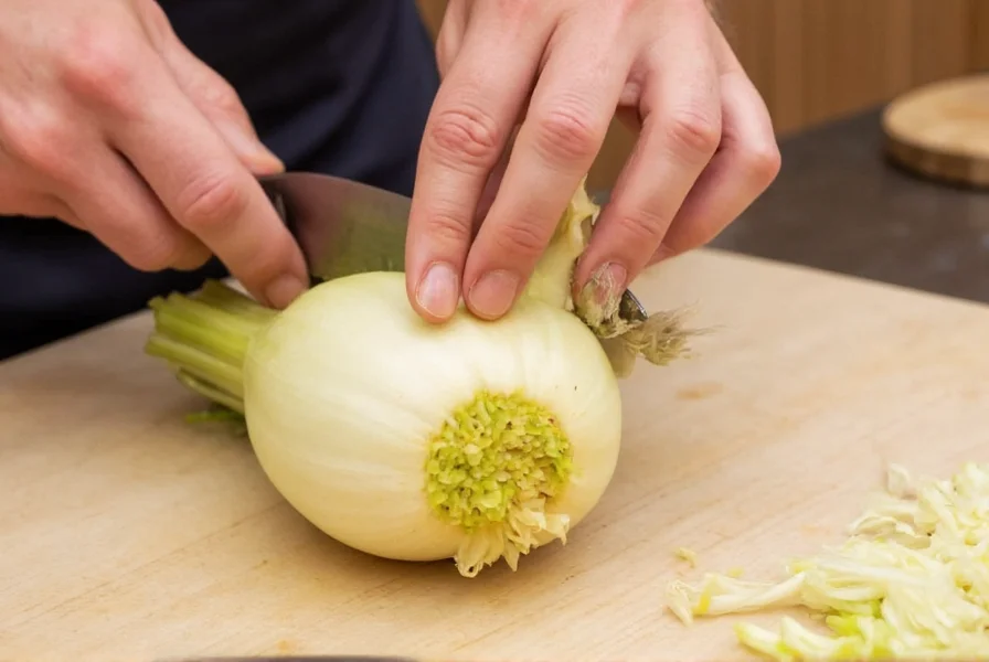 Chef's hands trimming fresh fennel bulb on cutting board, showing removal of tough outer layer and root end