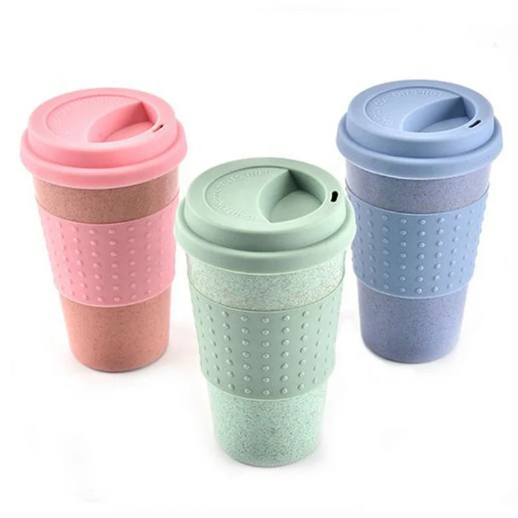 

Custom Eco Friendly Biodegradable Reusable Wheat Straw Coffee Cups/Mug with Silicone Lid, Blue, pink , green or customized