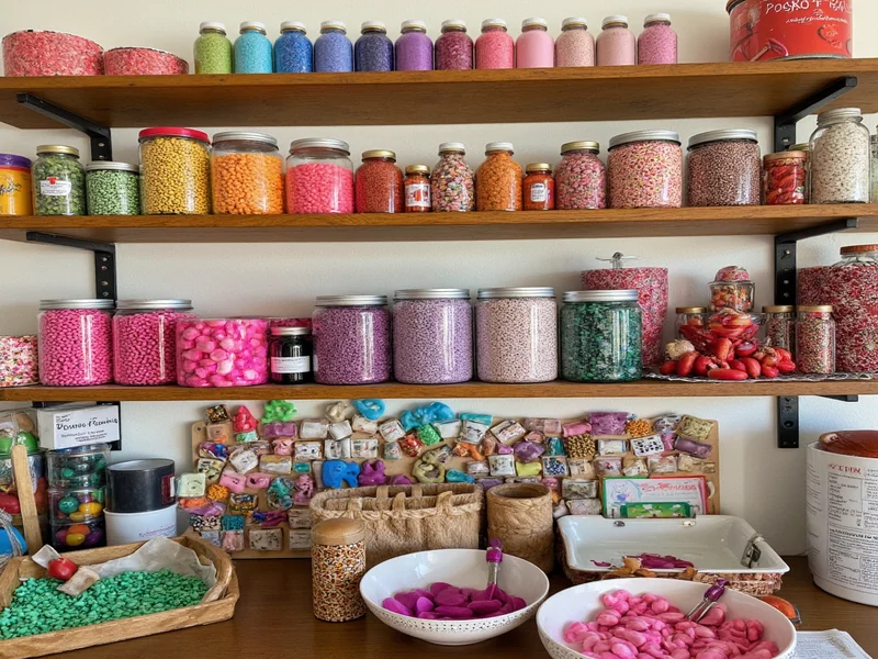 Colorful crafting supplies displayed on wooden shelves at Rancho Bernardo studio