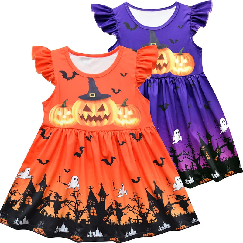 

Latest design ghost pumpkin bat print halloween party girls dress flutter sleeve children dresses, As picture show