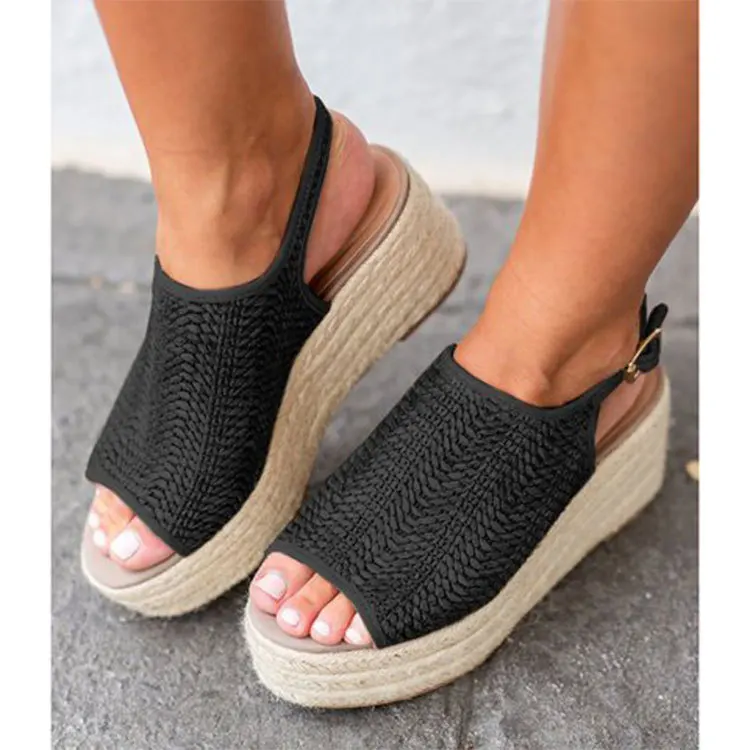 

New Summer Women Hemp Sandals Fashion Black Female Beach Shoes Heels Shoes Comfortable Platform Shoes, As shown