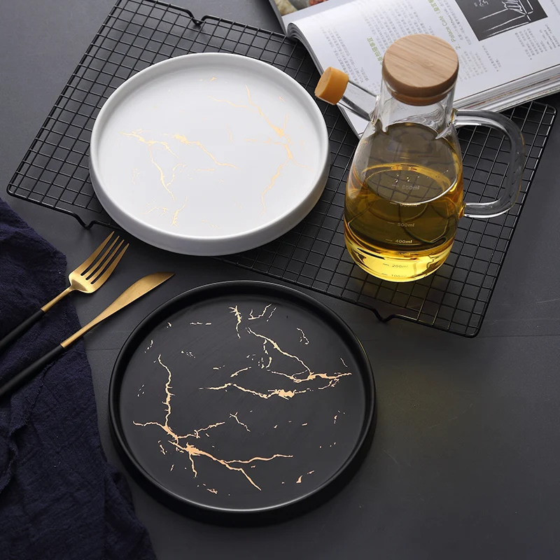 

high quality elegant round marble ceramic plate mug cup whole set for restaurant homeware, Black and white
