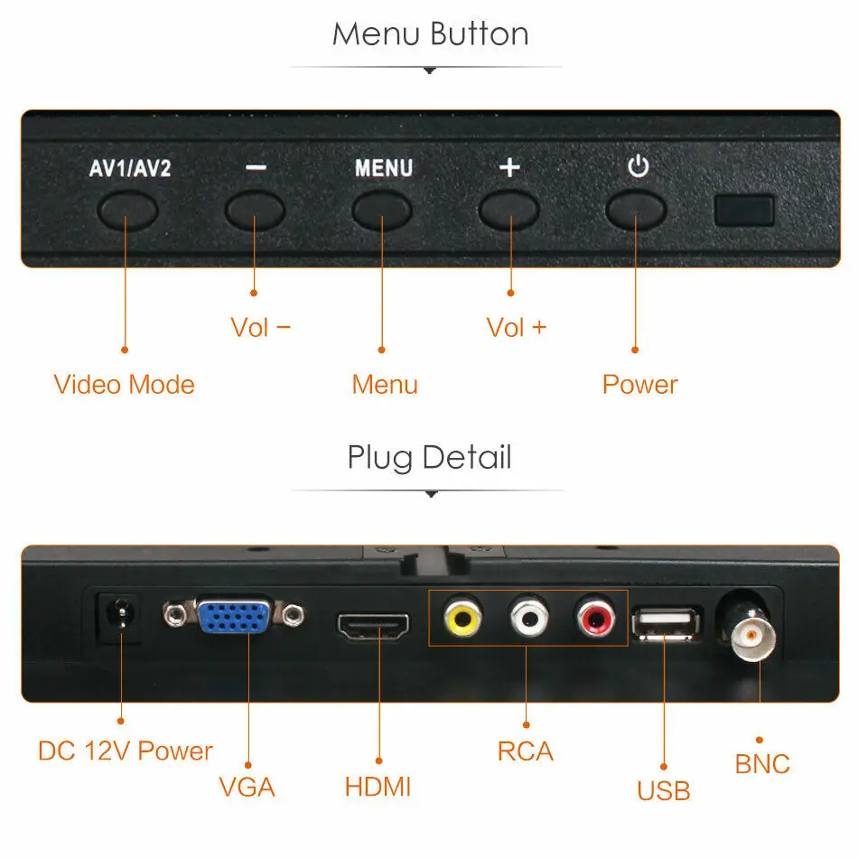 pc/rear view monitor 8 inch with av hdmi vga dc usb bnc input