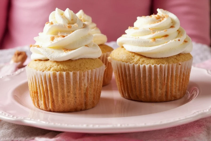 Assortment of cinnamon cupcakes with different frostings and toppings on wooden baking tray
