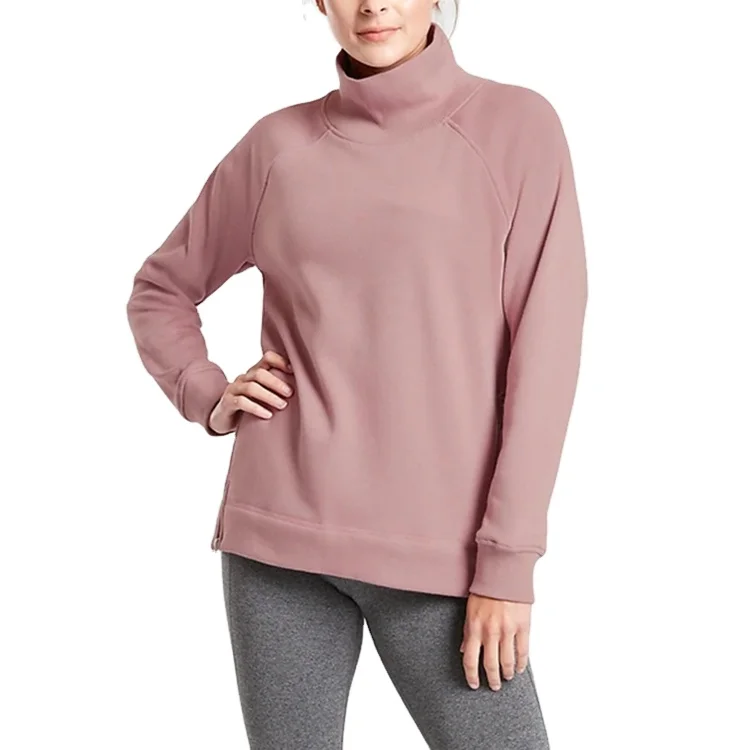 Custom High Neck Sweatshirt Ladies Raglan Sleeve Cotton Sweatshirt Hem Side Zip Ladies 
