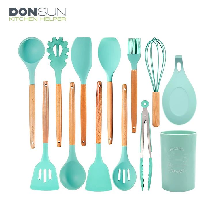 

Amazon hot sale Cooking 13 Pieces Silicone Kitchen Utensils Set with plastic bucket, Customer request