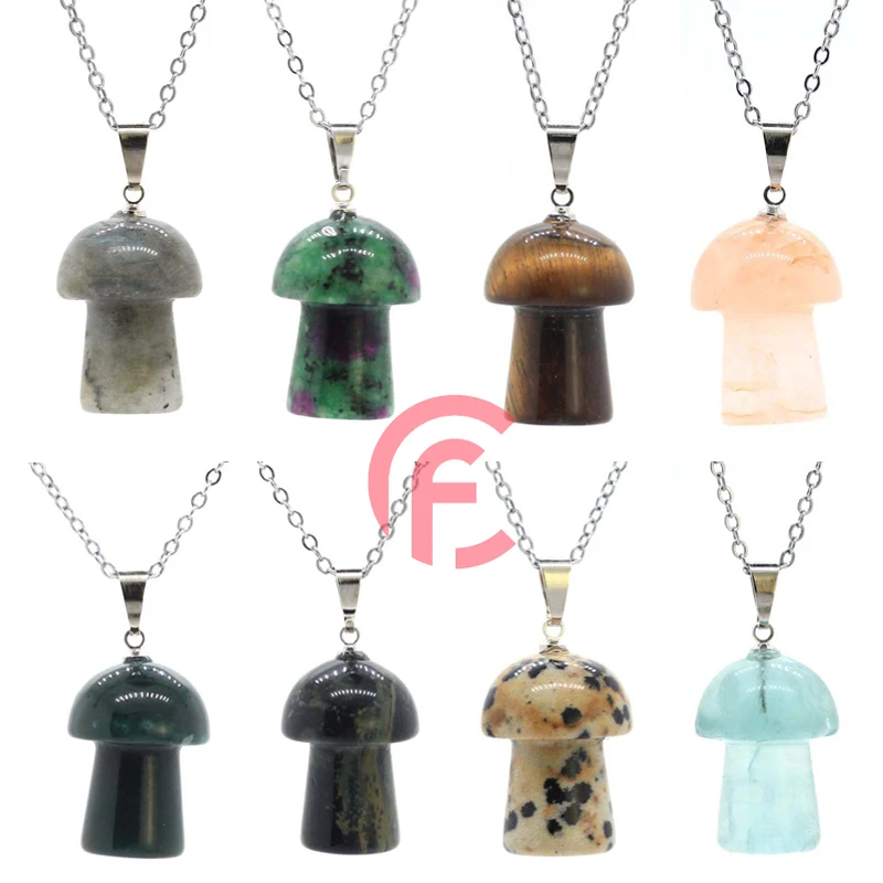 

wholesale natural stone crystal mushroom pendant necklace for women and men gemstone quartz pendant