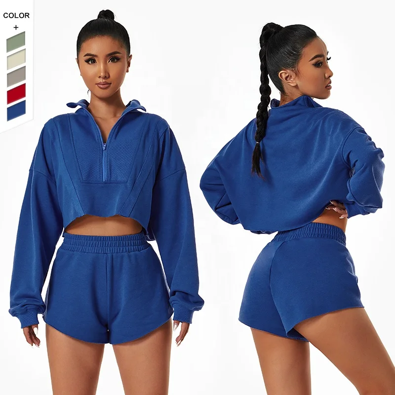 

Factory In Stock Fashion Casual Outdoor Loose Workout Hoddies Shorts Set Women's Sports Suit