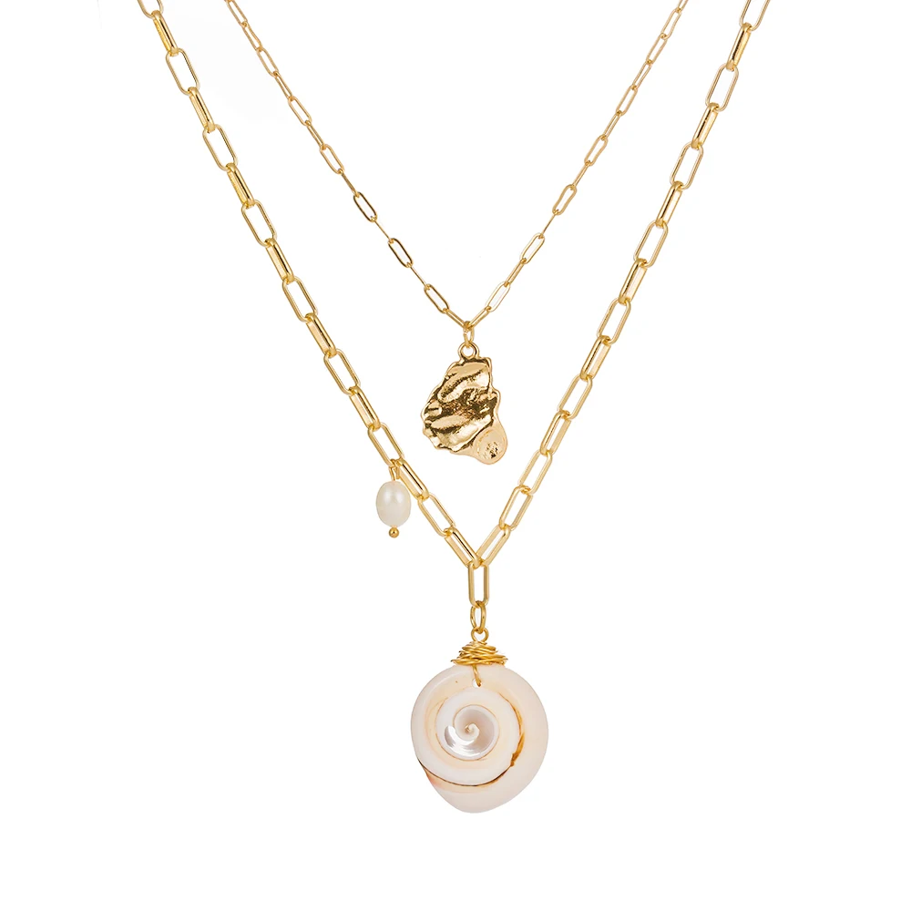 

Bohemian Jewelry Layered Necklace With Natural Shell pearl Alloy Conch Pendant