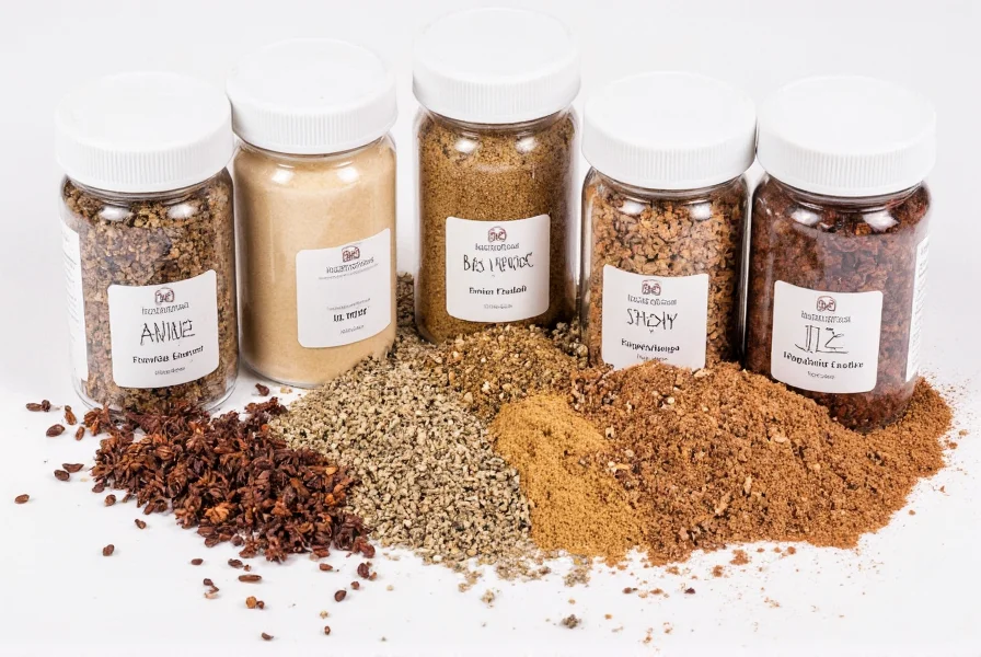 Various spice jars showing anise substitutes arranged for different recipe applications