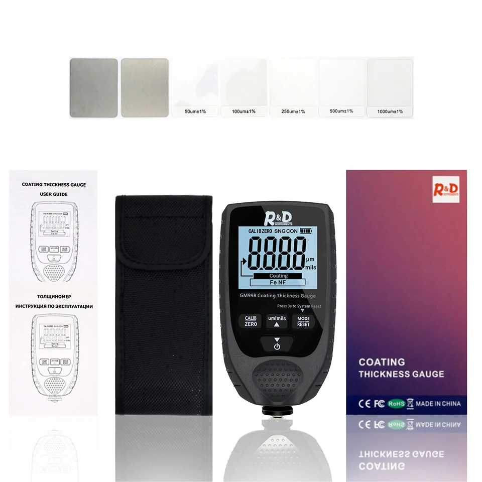 
R&D GM998 car paint coating thickness gauge car paint electroplate metal coating thickness tester meter 0-1500um Fe & NFe probe 
