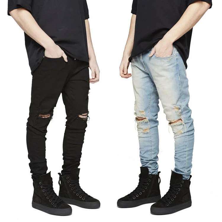 

Free Shipping Men Faded Skinny Fit Jeans Stretch Jeans For Men Knee And Rips Details Individuality Fashion Pants Mans Jeans Skinny