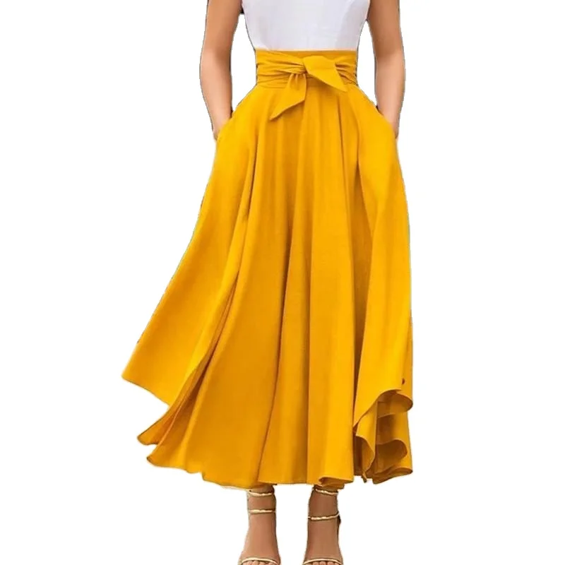 

2021 Summer New Fashion Girls Bow Belt Big Hem Hot Sell pleated skirt Casual women long skirts maxi autumn dresses for woman