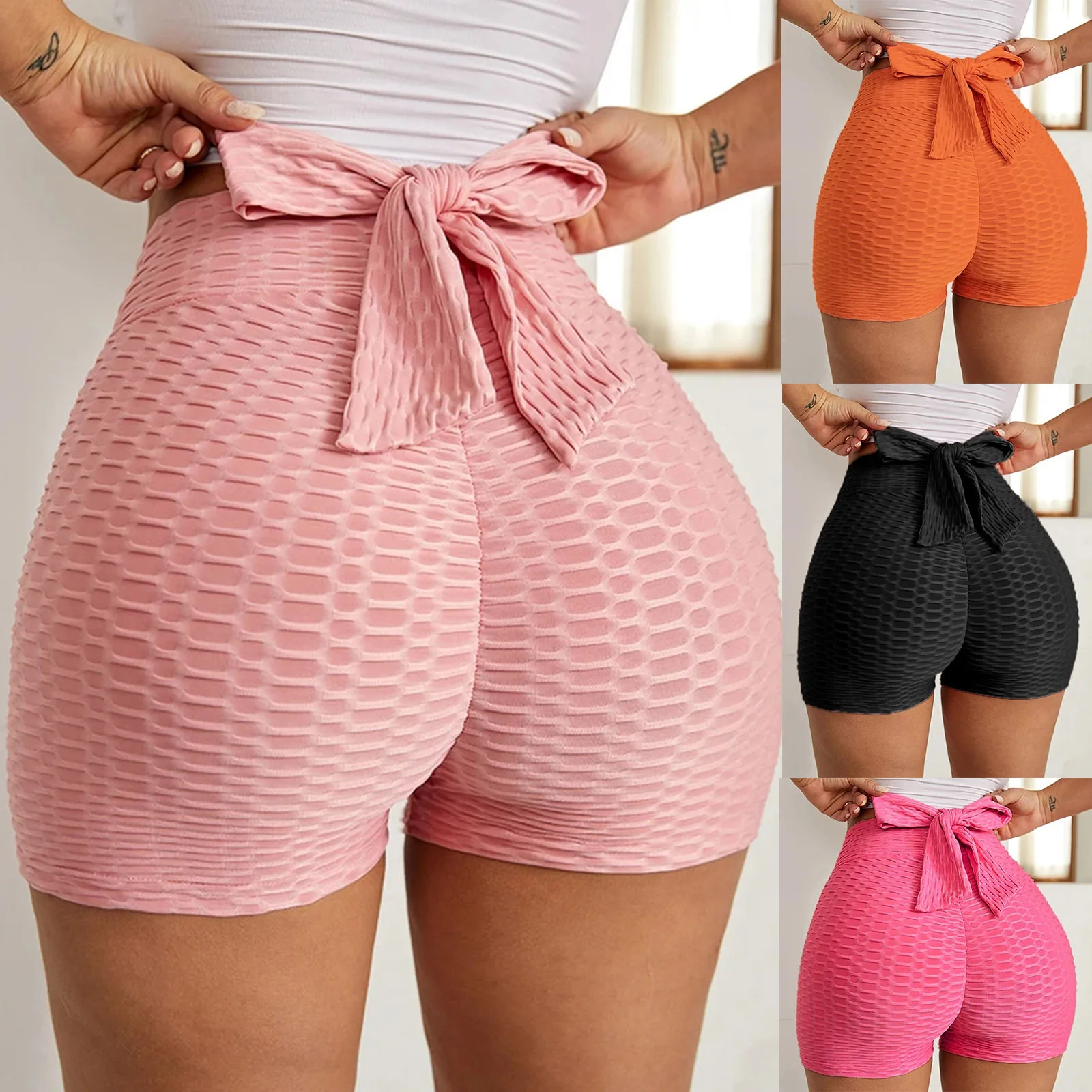 

Free sample Quick Dry Workout High Waist Yoga Slimming Sports Bow Tie Textured Butt Lifting Women Shorts tik tok shorts with bow