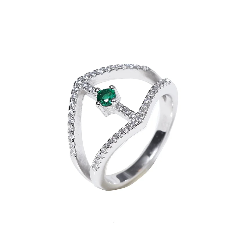

925 Sterling Silver Engagement Zircon Green Stone Diamond Deco Emerald Ring