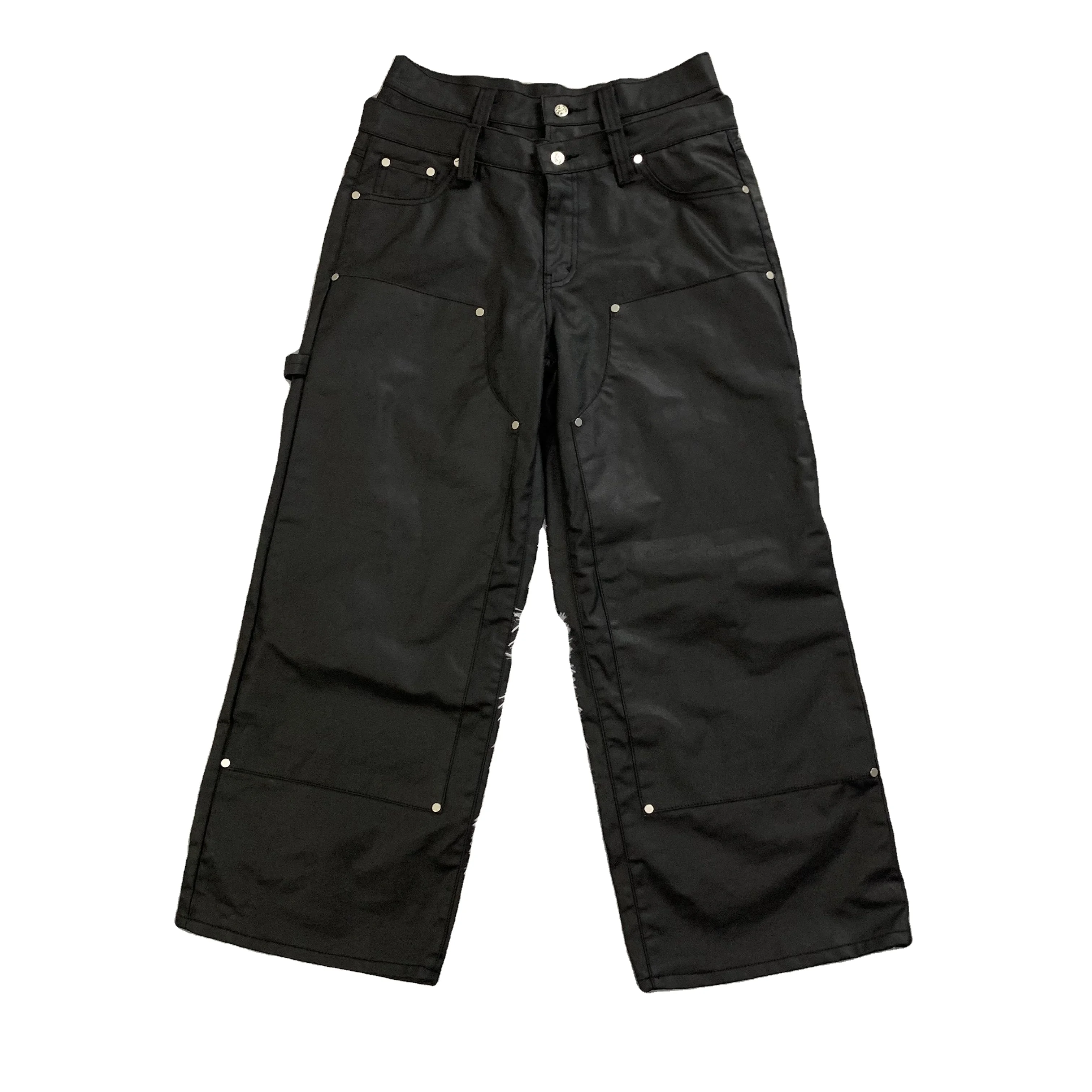 DENIMGUYS 2024 New Fashion High Quality Men's Black Double Knee Work Carpenter Pants Men Waxed Coated Denim Jeans
