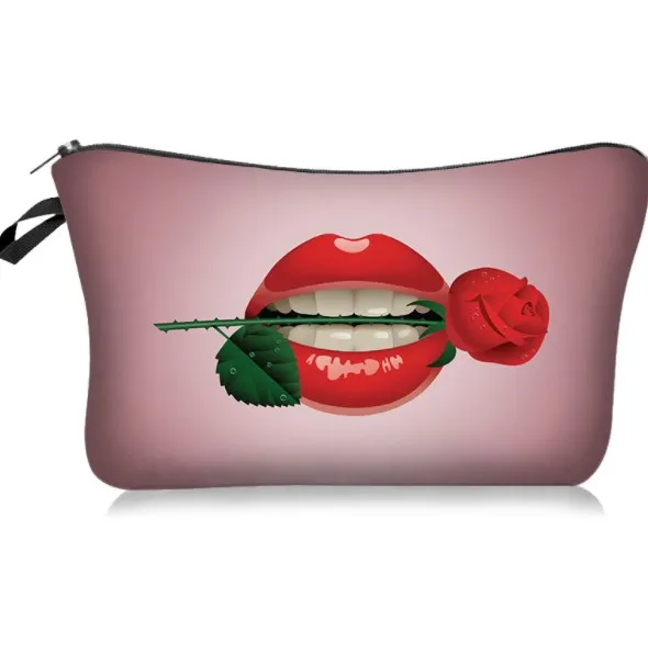 

Custom red lip makeup bag lipstick 3D print cosmetic bags pouch for women, 4 colors