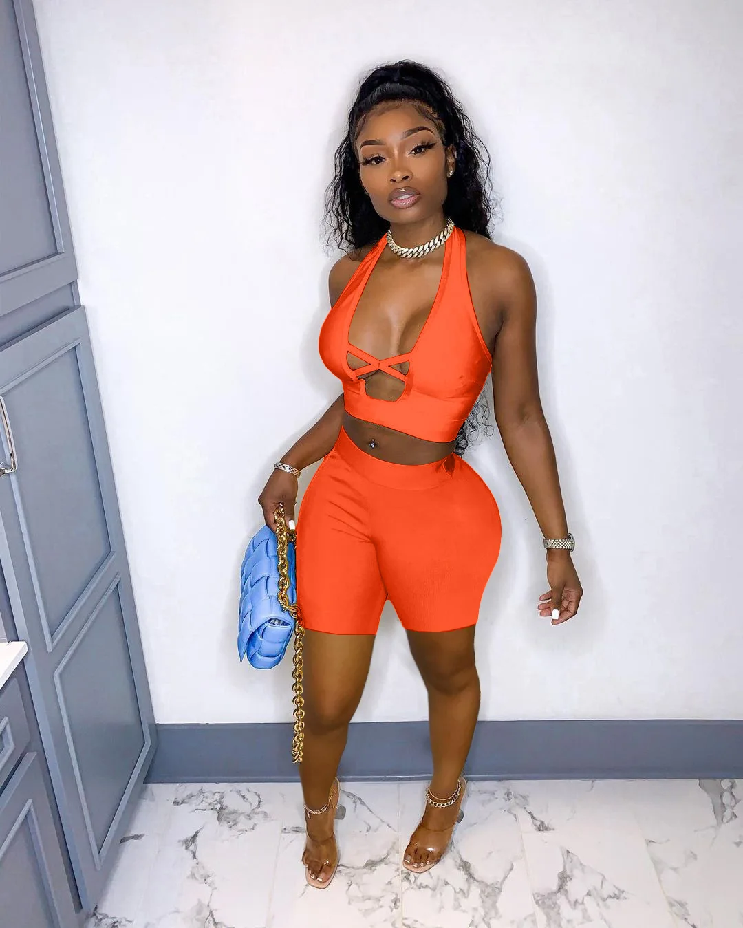 

2 Piece Outfit For Women,Solid Halter Neck Cutout Crop Top And Bodycon Shorts Sexy Clubwear Jumpsuit Set