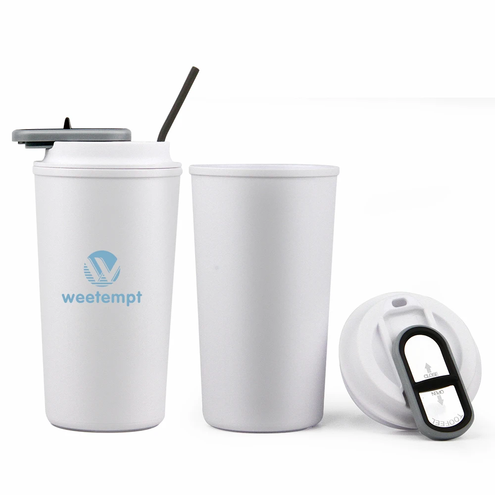 

Eco-friendly Luxury 500ml Double Walled PP Plastic Coffee Travel Thermal Mugs Cups with Logo Leak-proof Lid and Silicone Straw, Customized color