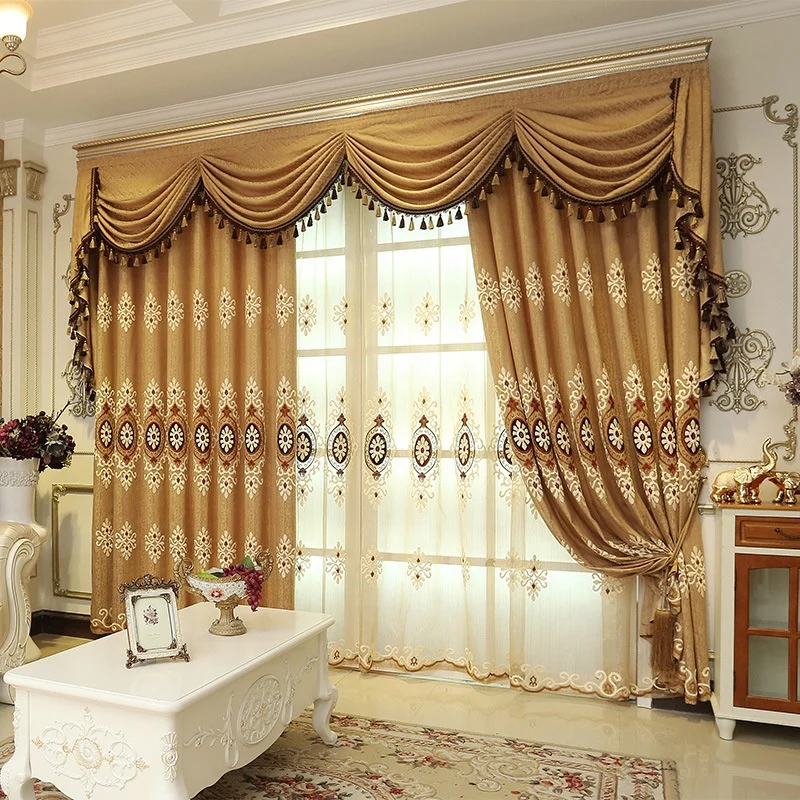 

Luxury home decor valance thick warm coffee chenille embroidery curtain with backing sheer bedroom living room curtain factory
