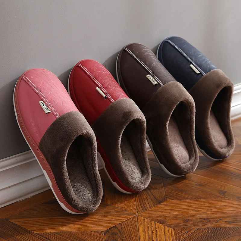 

2021 Men's Winter Warm Thick-soled Home Furnishing Indoor Cotton Slippers Women's Waterproof Thick-soled Leather Slippers, As shown