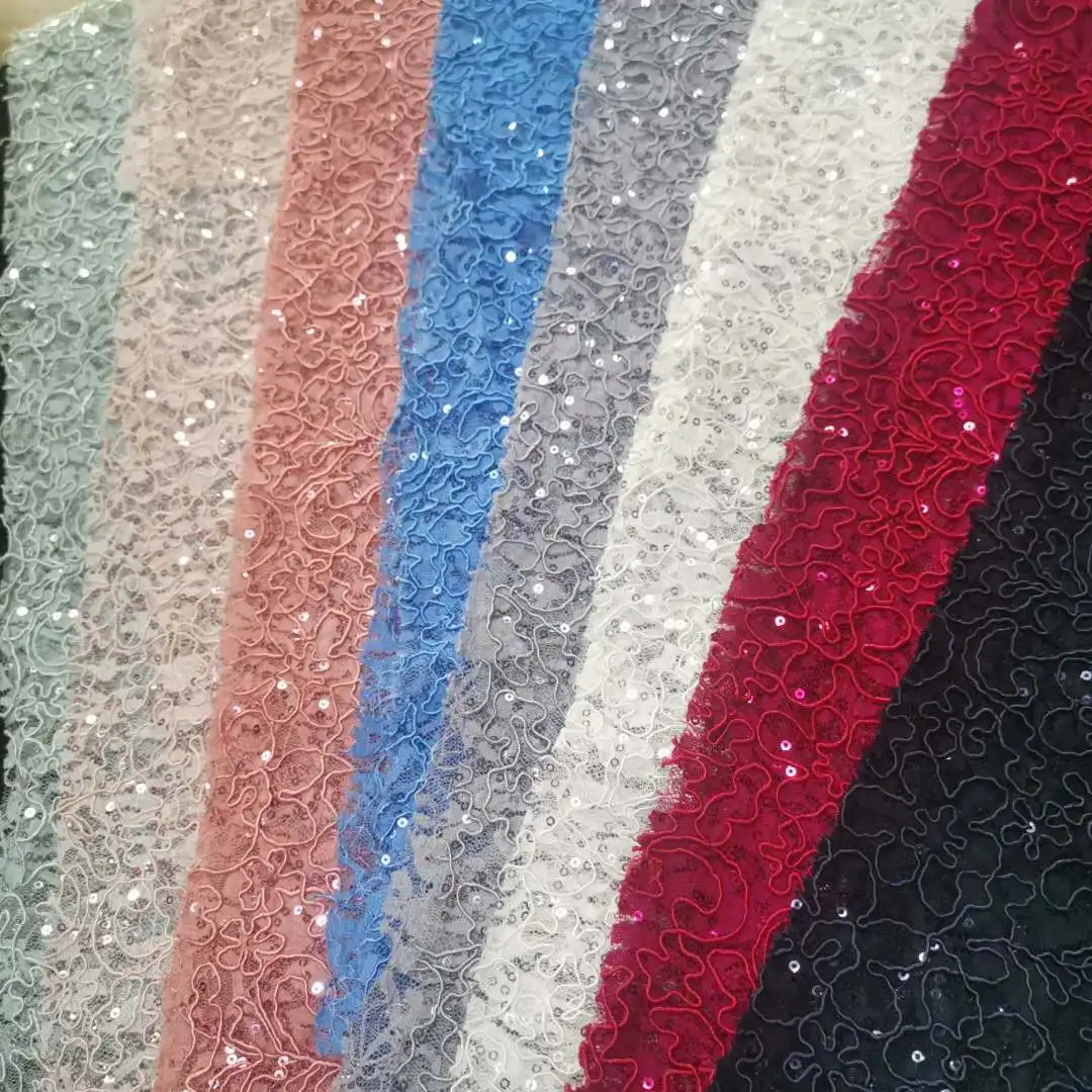 Hot Sale Sample Available Poly Cord Lace Fabric Dubai Blue Sequin Lace